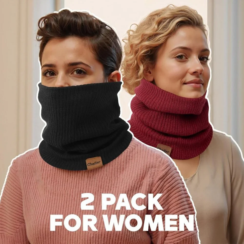 Women's H-black + red Scarf Winter Double-Layer Neck Warmer Knit Fleece